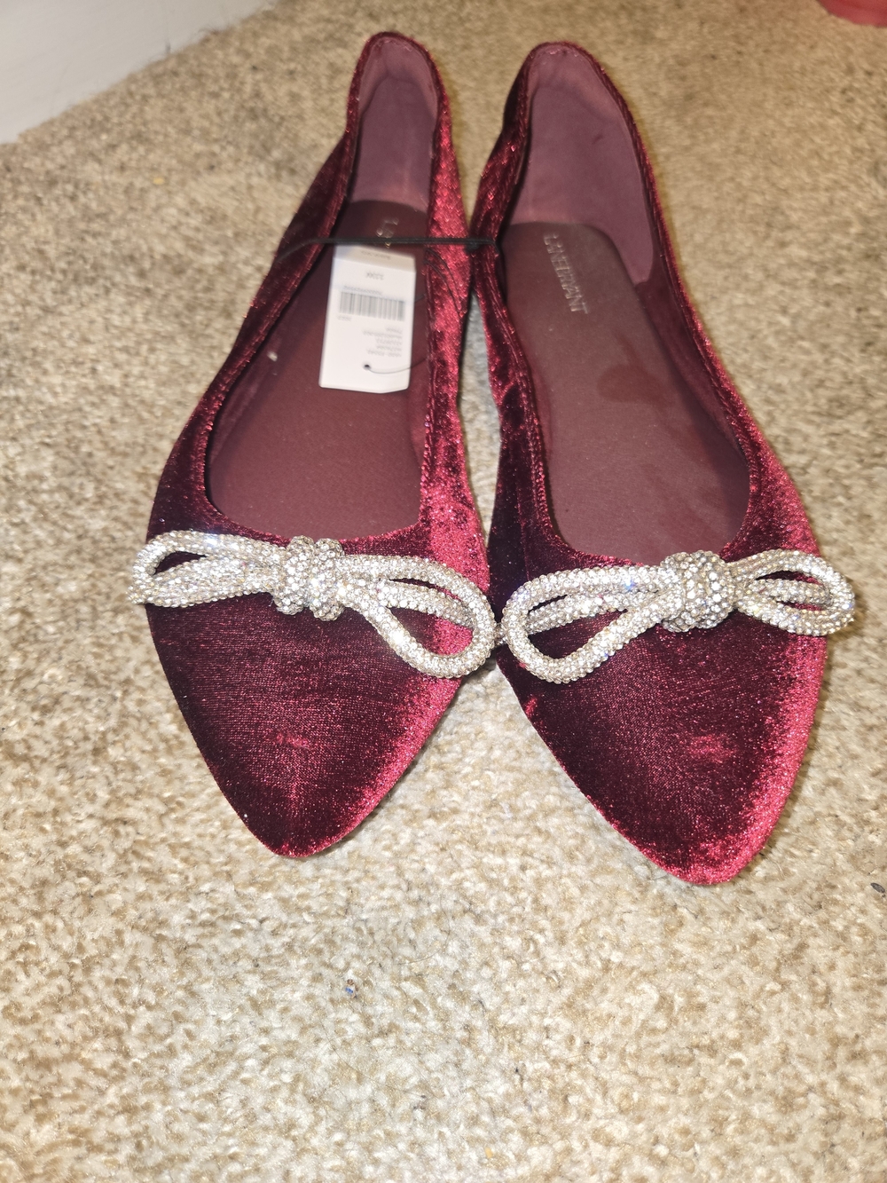 Lane Bryant Burgundy Velvet Pointed Toe Flats with Crystal Bow
